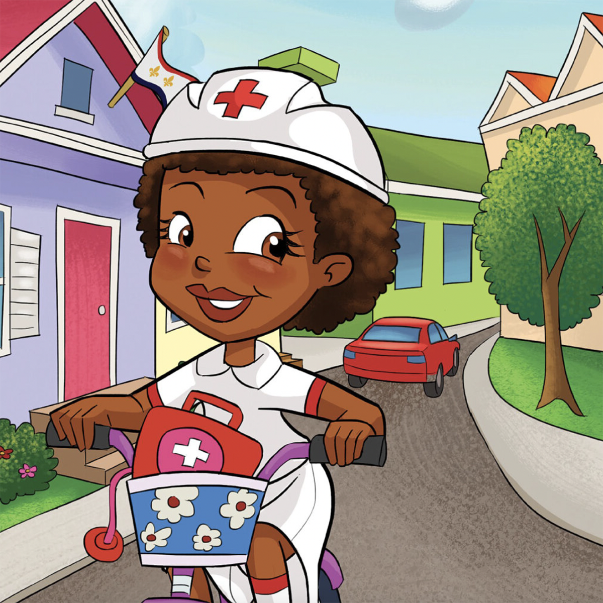 Colorful cartoon of Nola the Nurse riding a bicycle down a neighborhood street